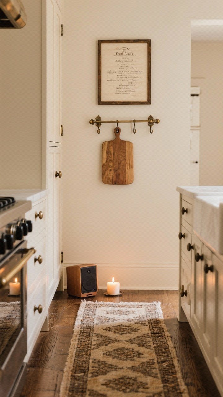 Detail shot along a kitchen run highlighting finishing touches: aged brass or matte black hardware consistently matched across knobs and pulls, a low-pile vintage-style runner warming the floor, a small candle near a tiny speaker for scent and sound, an antique nickel hook rail with a cutting board hanging, and a framed family recipe on the wall; warm, cohesive tones and softly lit atmosphere