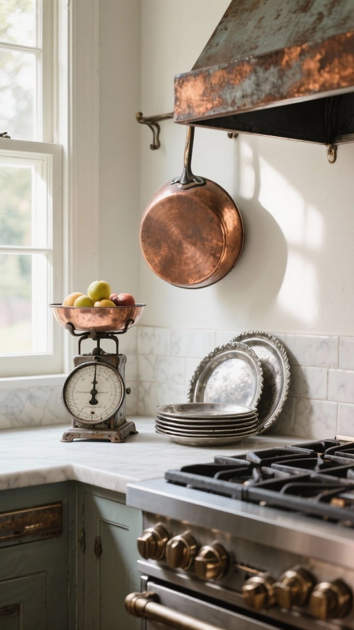 Detail shot, diagonal angle: Worn metals and copper accents—copper pans hung near a window catching soft highlights, a vintage cast-iron scale used as a fruit stand on the counter, and layered pewter trays propped behind the stove as a mini backsplash; lightly tarnished surfaces with visible patina; diffused afternoon light.