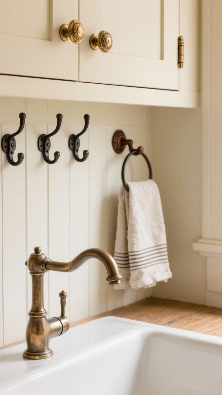 Detail shot focused on mixed metals: antique brass cabinet knobs and pulls, black iron wall hooks holding a linen towel, and a polished nickel bridge-style faucet at the sink; oil-rubbed bronze hinges peek from a cream cabinet door; warm-toned metals with gentle patina create lived-in cottage character; soft natural light, photorealistic