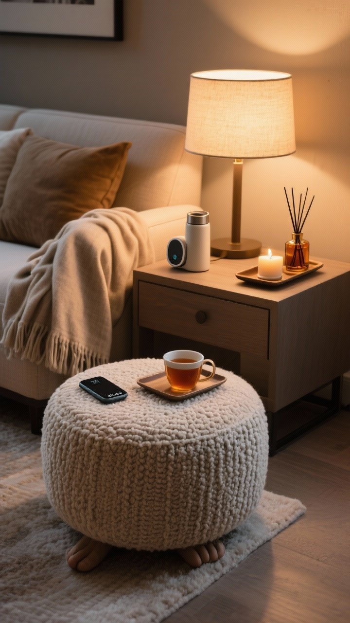 Detail shot from a seated perspective: Comfort extras arranged for ritual. Rounded pouf/ottoman in boucle at the feet, throw draped from the back corner to the seat for grab-and-go, a tiny Bluetooth speaker on the side table, and a subtle diffuser with amber-cedar-vanilla scent next to a lit candle. Include a small tray with a thermos of tea and cup. Lamp dimmed warm, intimate glow; phone face-down on Do Not Disturb. Photorealistic, cozy mood.
