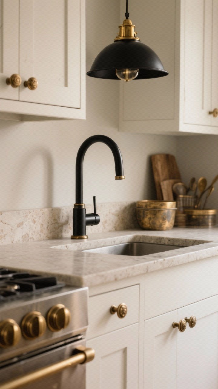 Detail shot: Mixed metals styled on a kitchen vignette—aged brass cabinet knobs and pulls, a matte black bridge faucet, and a black pendant with brass accents overhead. The surrounding surfaces include light stone counters and white cabinetry, showing a curated, lived-in look. Warm, diffused lighting, no people, photorealistic.