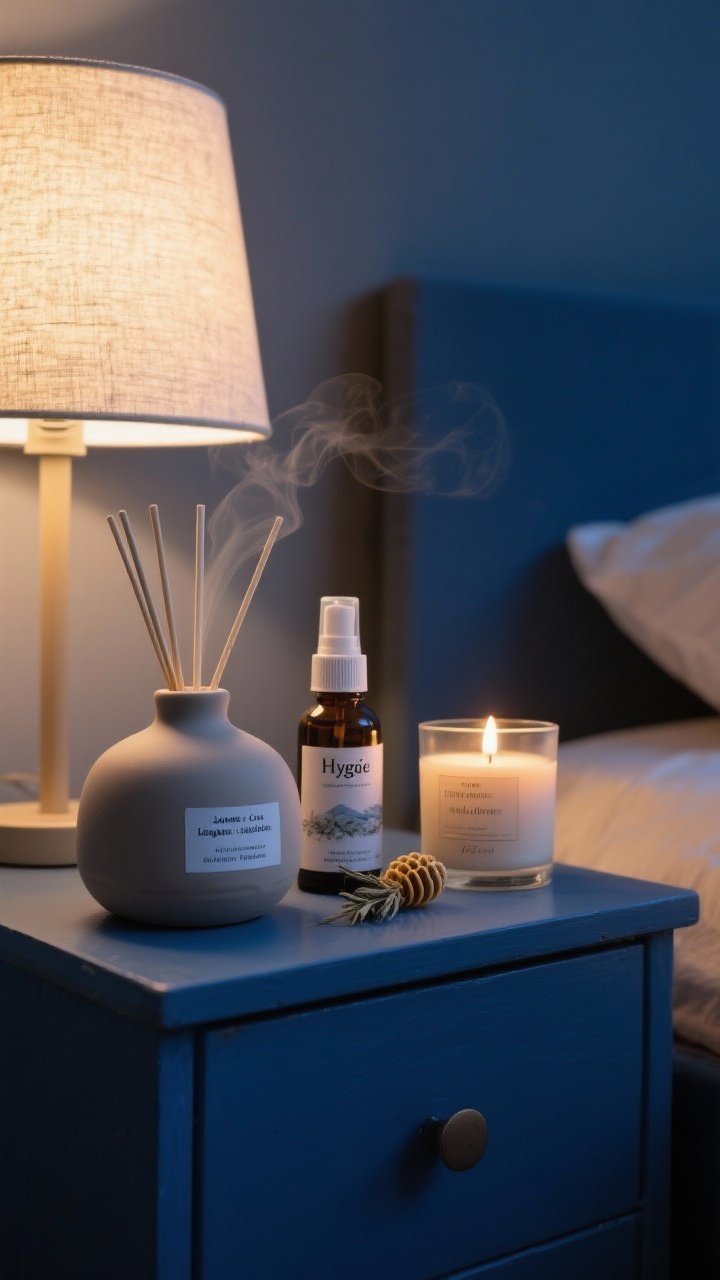 Detail shot, moody evening: Hygge scent setup on a blue-painted nightstand—matte ceramic diffuser emitting a faint wisp, labeled essential oils (lavender + cedar, bergamot + sandalwood), a sea salt + sage linen spray bottle, and a small beeswax candle in a simple glass. Warm 2700K bedside lamp glow, clean styling, photorealistic texture of ceramics and wax.