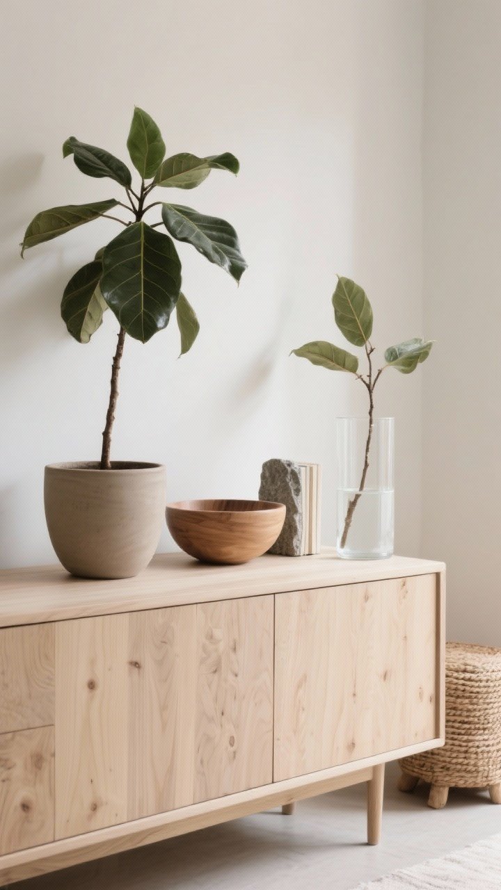 Detail shot: Nature-focused vignette on a light wood sideboard—one medium rubber tree in a matte ceramic pot (muted color), a smooth wood bowl, a stone bookend, and a woven stool partially visible; alternative scene element: a single leafy branch in a glass cylinder of water; soft natural daylight enhances organic textures; calm Scandi aesthetic, photorealistic.
