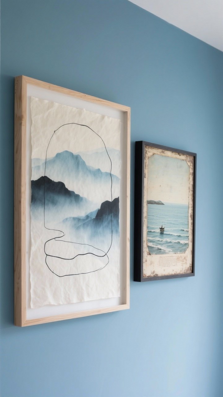 Detail shot of a curated art wall: abstract landscape in misty blues and neutrals, a black line drawing on textured paper, and a small vintage seascape with a weathered frame; light wood and thin black frames, generous negative space between pieces; glacier blue wall backdrop; photorealistic, straight-on closeup highlighting quiet blues and calm composition.