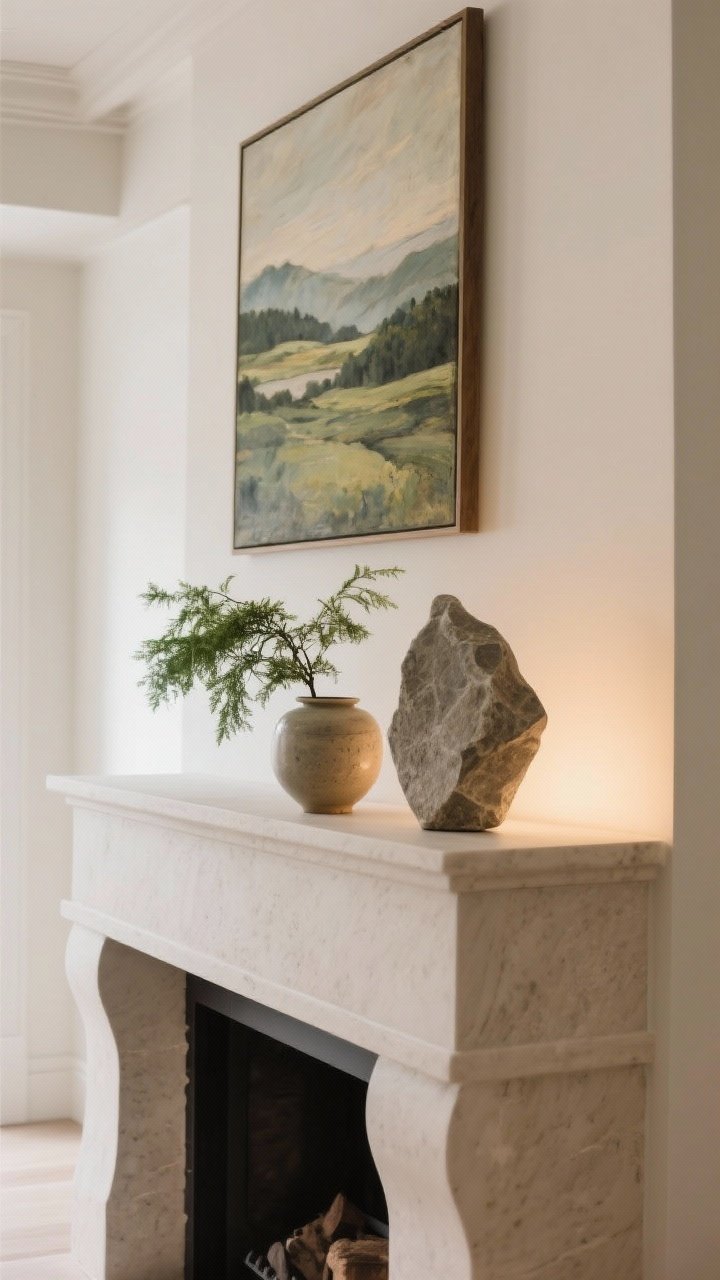 Detail shot of a mantel styled with intent: a single large landscape artwork as focal point, a sprig of greenery in a ceramic vessel, and one sculptural stone object; asymmetrical arrangement with negative space; restrained palette, organic shapes; warm side lighting to accent form and texture.