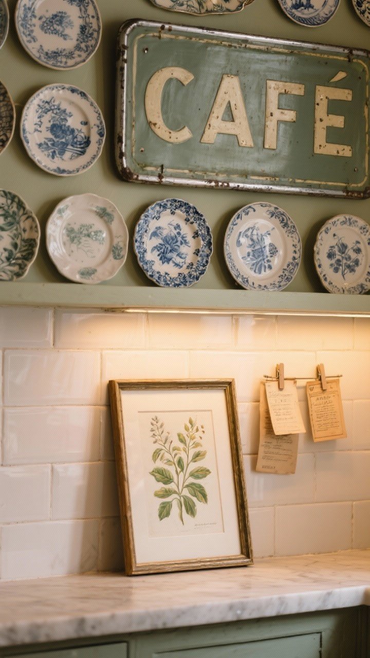 Detail shot of a personality-filled backsplash ledge: small oil painting leaning, botanical print in a slim frame, a few old recipe cards clipped in a mini gallery; above, a typographic enamel café sign mounted; plate wall partially in view with a mix of transferware and ironstone in a loose grid; warm accent lighting creating depth; straight-on close framing.