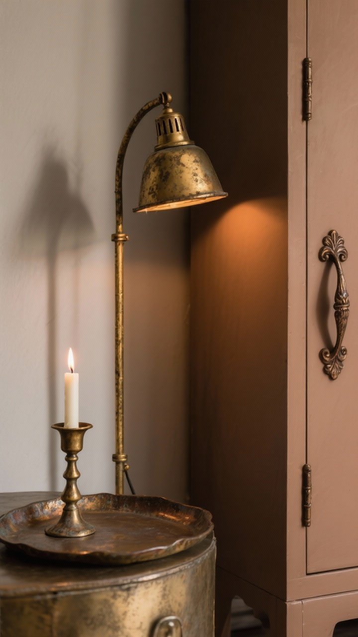 Detail shot of brass and aged metal: a moody corner with an aged brass floor lamp, antique bronze cabinet pulls on a warm mushroom-toned cabinet, and a small tarnished brass candleholder on a tray; soft warm glow like candlelight from the lamp (2700–3000K), patina visible—no harsh polish; neutral backdrop to emphasize the metals; intimate, photorealistic closeup at a slight side angle.