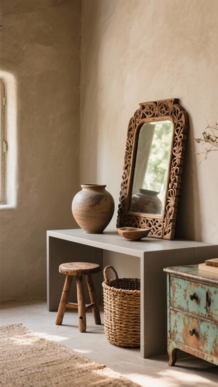 Detail shot of handmade and vintage accents on a low console: hand-thrown ceramic vase, a small vintage wooden stool tucked underneath, a woven basket, and a hand-carved mirror leaning against the wall; mix of high-low elements (e.g., simple modern base piece paired with patina-rich vintage nightstand nearby); warm natural light, earthy tones; photorealistic craftsmanship and patina.
