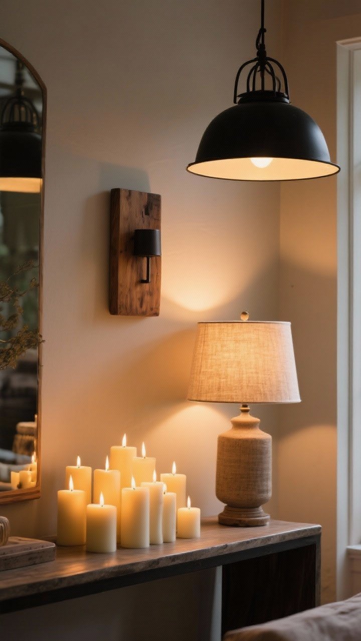 Detail shot of layered cozy lighting: a black iron pendant in the background, a wood sconce on the wall, and a table lamp with a linen shade glowing at 2700K; cluster of real pillar candles on a console creating soft, golden-hour warmth; dim ambient scene emphasizing soft shadows and warm highlights.