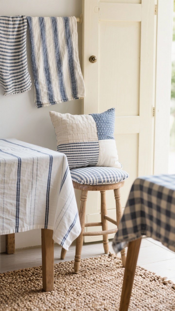 Detail shot of layered textiles and patterns on a simple base: striped tea towels draped over a buttercream cabinet pull, patchwork seat cushion on a stool, a folded gingham tablecloth, and a braided rug underfoot; rule of three patterns with a unifying navy thread; bright but soft daylight to bring out fabric weaves and color harmony, photorealistic.