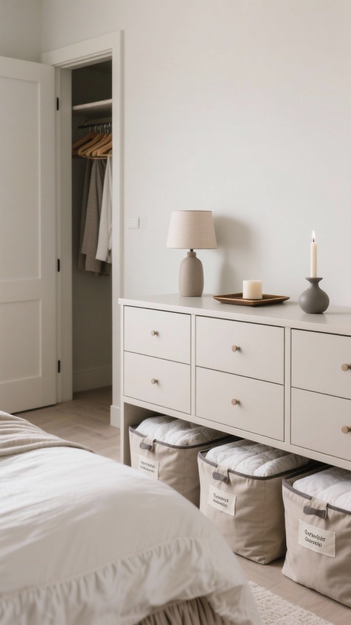 Detail shot of simplified, pretty storage: closed dresser top limited to three items—small lamp, a tray, and a single decor piece (matte ceramic candle); under-bed soft bins labeled for off-season bedding visible peeking from a neatly skirted bed edge; matching hangers glimpsed through a slightly open closet door; clean neutral palette, photorealistic.