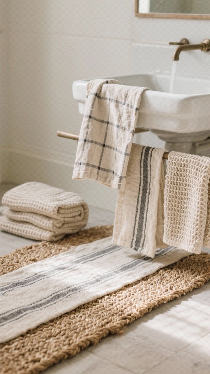 Detail shot of textiles: a jute or braided rug layered with a washable runner near the sink; linen and cotton tea towels with small checks and ticking stripes in neutral hues draped over a rail; a waffle-weave towel folded nearby; soft, cozy natural light highlighting fabric weave and texture.