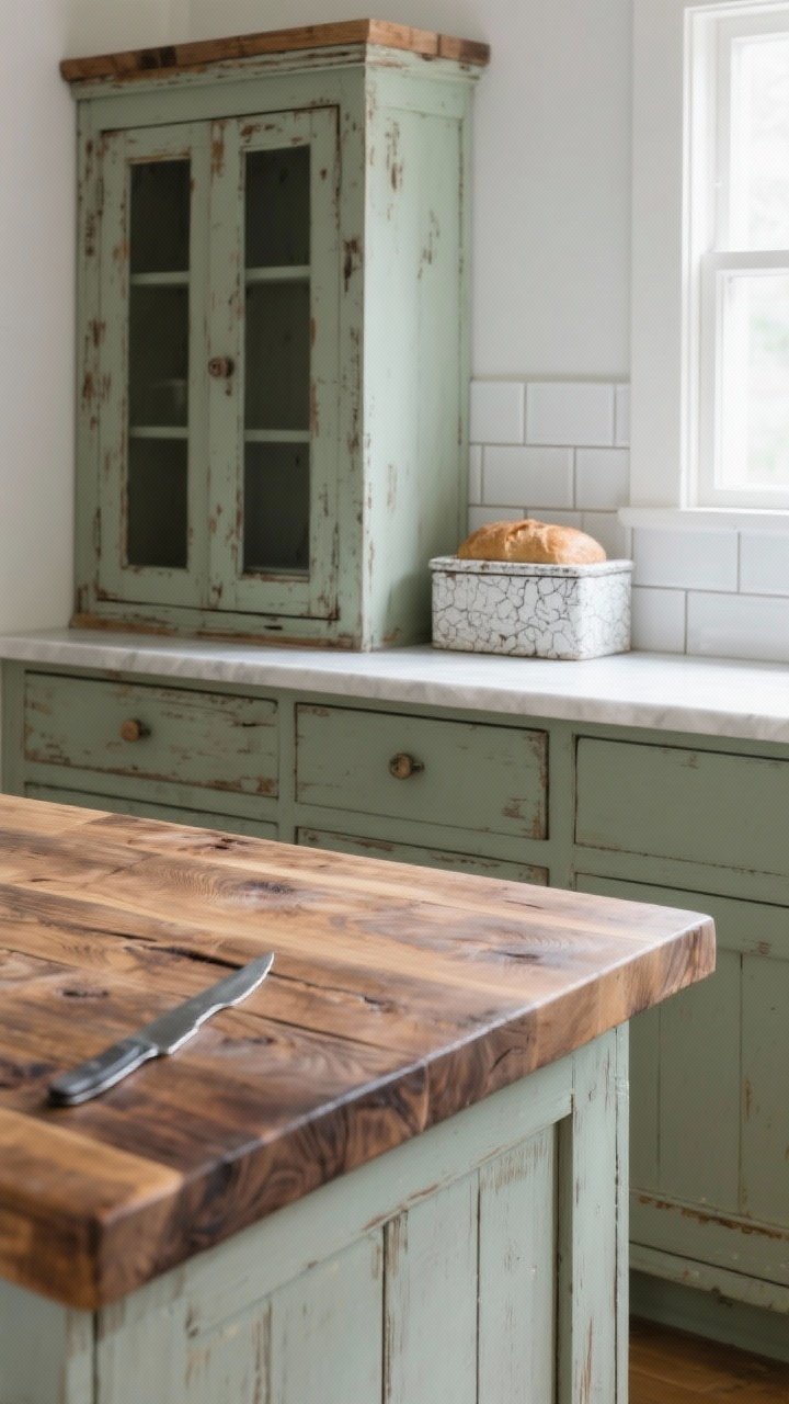 Detail shot of weathered finishes: a butcher block island corner with a hand-rubbed oil finish showing subtle knife marks; in the background, a standalone hutch painted muted sage with lightly distressed edges revealing wood beneath; a small bread box with crackle glaze; balanced by a strip of glossy white subway tile for contrast; soft diffused daylight.