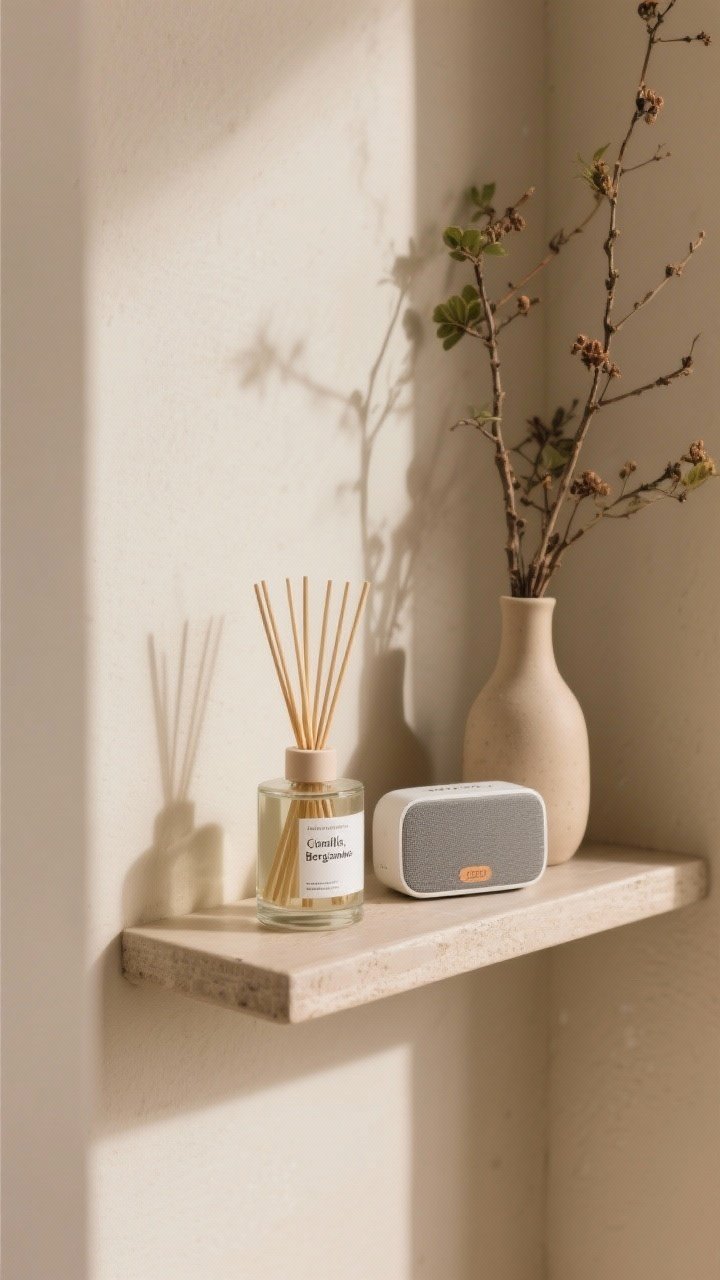 Detail shot, overhead: A small entry shelf styled with a minimalist reed diffuser (notes of cedar, vanilla, bergamot implied by label), a compact Bluetooth speaker tucked to the side, and a vase of seasonal branches adding height and greenery. The composition emphasizes multi-sensory hygge—calm scent, soft sound, and living elements. Warm neutral background, subtle shadowing, and natural textures create a soothing, sanctuary vibe.