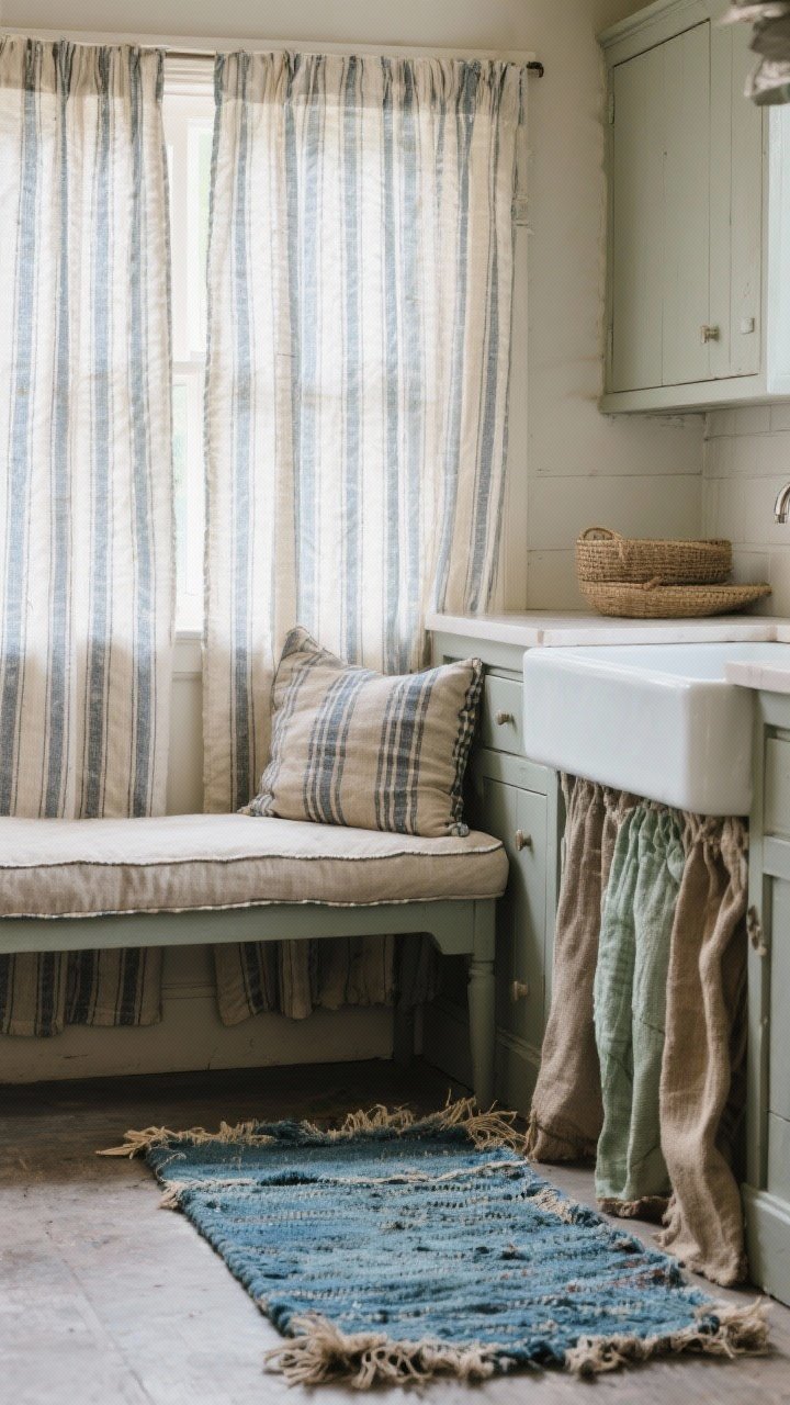 Detail shot, side angle: Layered textiles in a farmhouse kitchen—ticking stripe cafe curtains softly filtering light, a bench cushion in washed linen with subtle gingham piping, and a faded blue rag rug in front of the sink; palette of oatmeal, slate, faded blue, and sage; close focus on weave, grain sack stripes, and worn fibers.