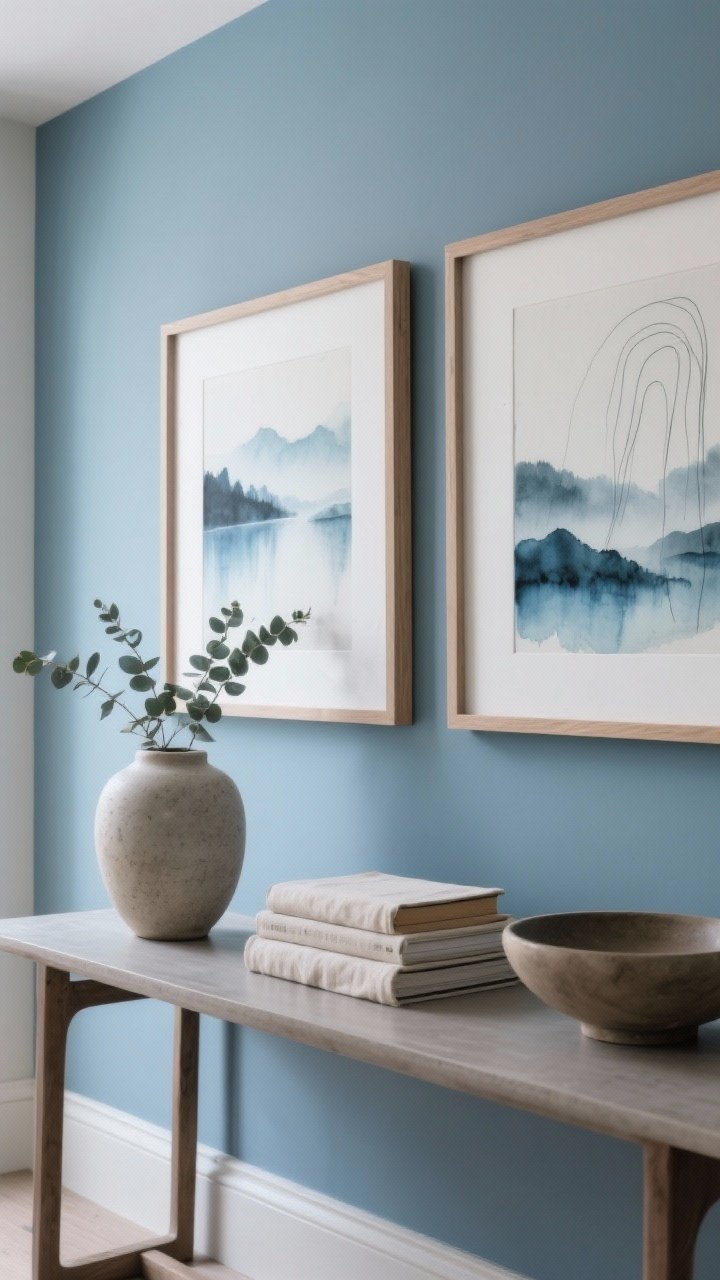 Detail shot, straight-on: A quiet art vignette over a glacier blue wall—abstract watercolors and misty landscapes with a soft blues + graphite palette, paired with minimal line art; simple, consistent thin wooden frames; on a console: a stoneware vase with eucalyptus, a stack of linen-covered books, and a sculptural bowl; restrained, curated look; soft diffused daylight.