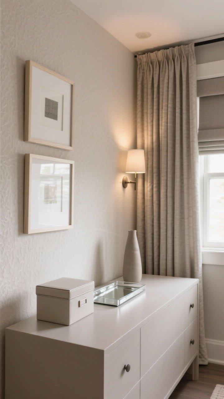 Detail shot, straight-on vignette: A serene dresser top styled with only three items—uniform lidded storage box, a mirrored acrylic tray, and a slim vase—against a softly textured neutral wall; two vertically stacked frames hang nearby; floor-length curtains mounted high and wide with blackout roman shades inside the window frame. Soft layered lighting with a dimmed overhead glow and a nearby wall sconce, cohesive 2–3 color palette, and matching containers for calm, intentional storage.