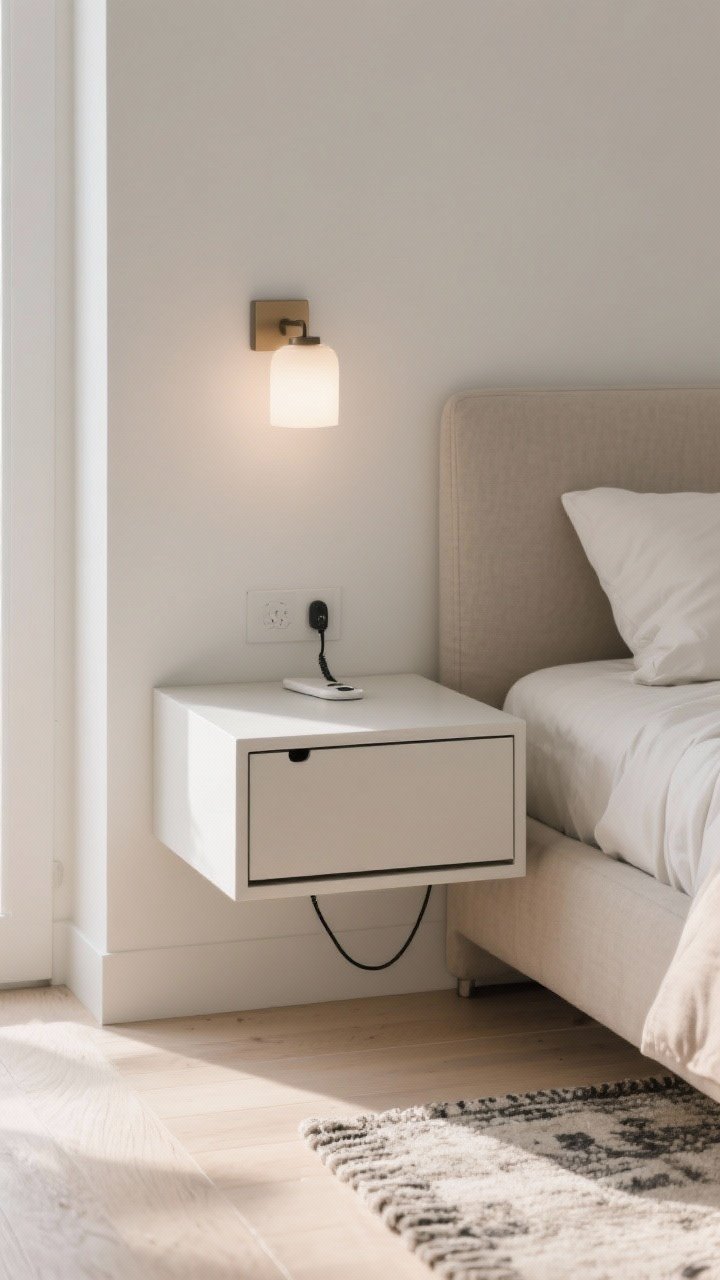 Detail/side view: floating wall-mounted nightstand with a slim drawer and hidden cord slot at the back, installed slightly lower to align with a low-profile bed; sconce mounted above to keep the tiny surface clear; phone cable neatly routed through the cord cutout; airy floor space below revealing a cozy rug; bright but soft natural light, photorealistic.