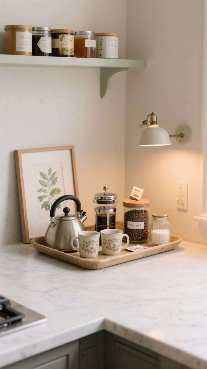 Detail, straight-on coffee/tea station on a 12-inch slice of counter: a tray with a stovetop kettle, French press, two vintage mugs, and a sugar jar; labeled canisters for beans and tea bags; a small framed botanical print leaning against the wall and a mini lamp adding warm glow; a slim wall shelf above for syrups and tea tins; cozy morning mood, photorealistic