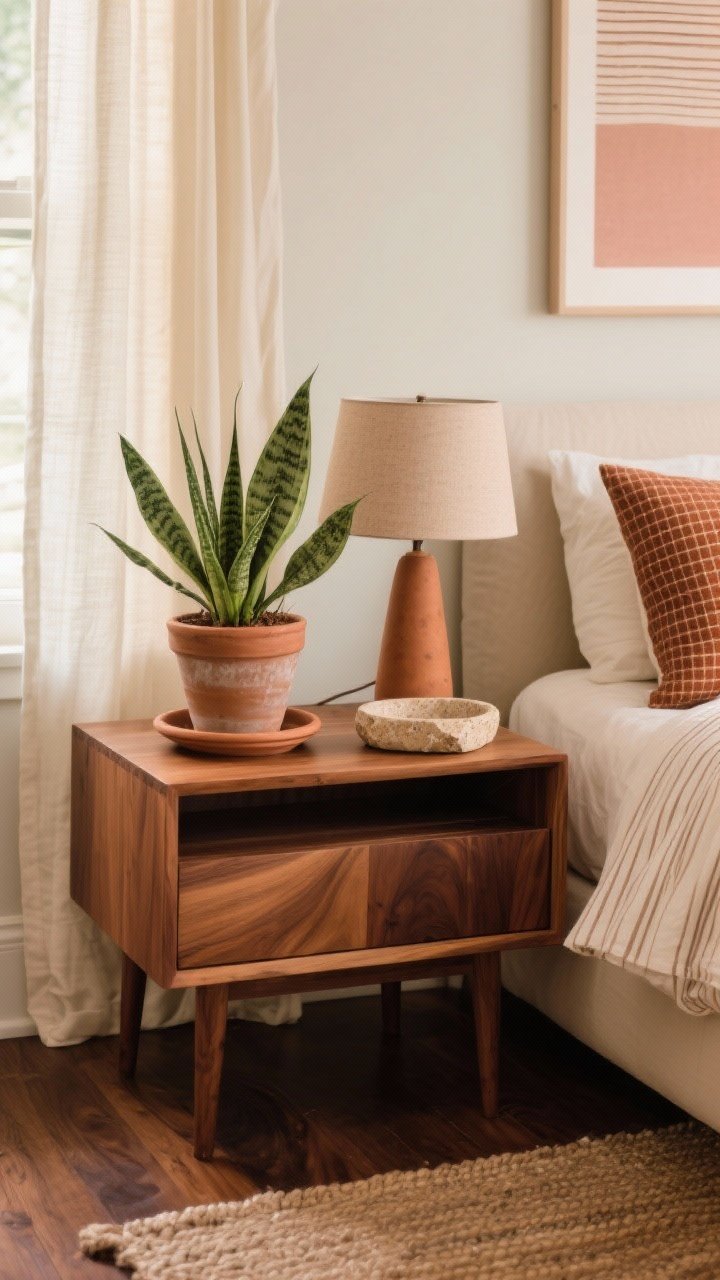Detail-to-medium vignette: Earthy, low-maintenance warmth—ZZ plant or snake plant in a ceramic pot on a wood nightstand or tray in warm oak/walnut/elm, paired with a clay lamp base and a travertine catchall; a quiet color story repeated across the scene such as cream + caramel + rust or mushroom + blush + espresso. Subtle patterns like micro-checks or thin stripes on bedding or a pillow. Composition reads as a gentle gradient: darker wood and rug near the bottom, lighter curtains and art higher up. Soft, natural light, photorealistic.