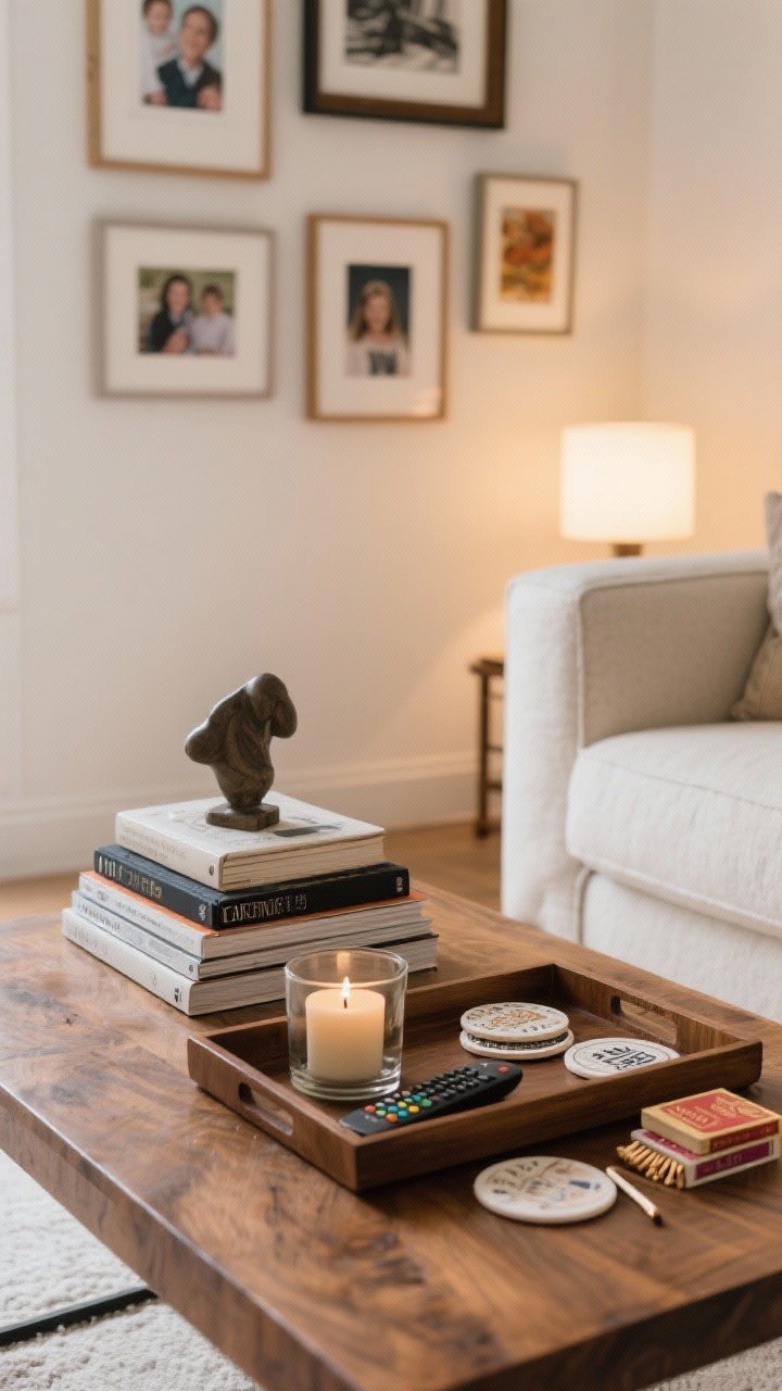 Detail vignette shot: curated clutter arrangement—a tray corralling remotes, coasters, and matchbooks on a wooden coffee table; stacked books with a candle and small sculpture on top; a mini gallery on the wall with family photos and art in mixed frames; negative space around objects; warm ambient light.