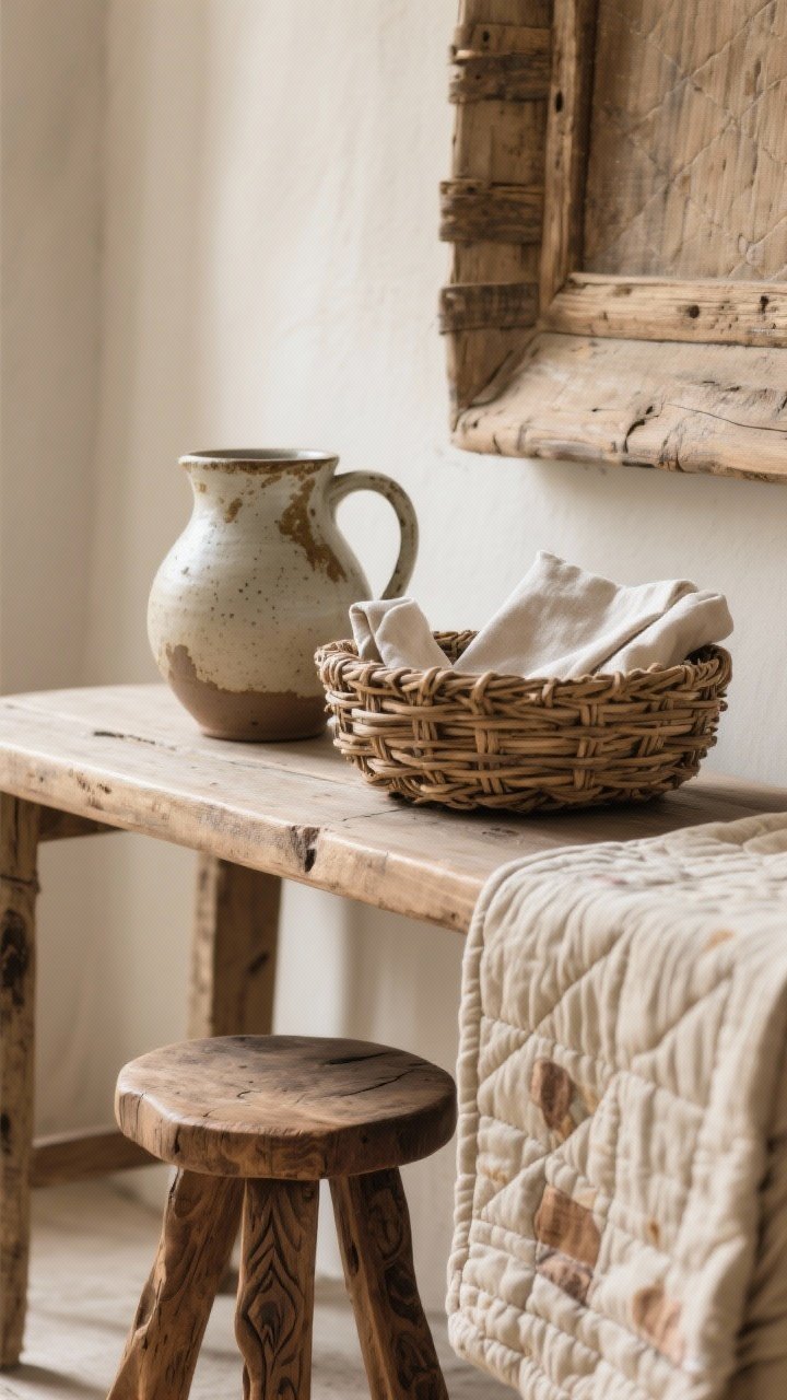 Detailed closeup of handcrafted pieces on a rustic console: a hand-thrown ceramic pitcher with imperfect glazing, a handwoven basket holding linen napkins, a small carved wood stool tucked beneath, and a quilted textile folded over the edge; natural variations visible, soft natural light emphasizing artisanal textures.