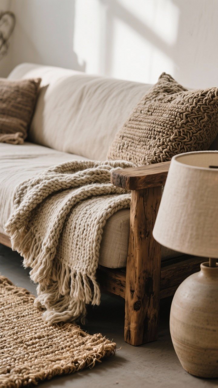 Detailed closeup of layered textures on a rustic sofa corner: chunky knit wool throw, nubby linen cushion, woven jute rug edge peeking beneath, raw wood armrest, and a smooth ceramic lamp base; emphasize tactile contrast and lived-in harmony, soft diffused daylight from the side for gentle shadows, vintage craft-market feel.