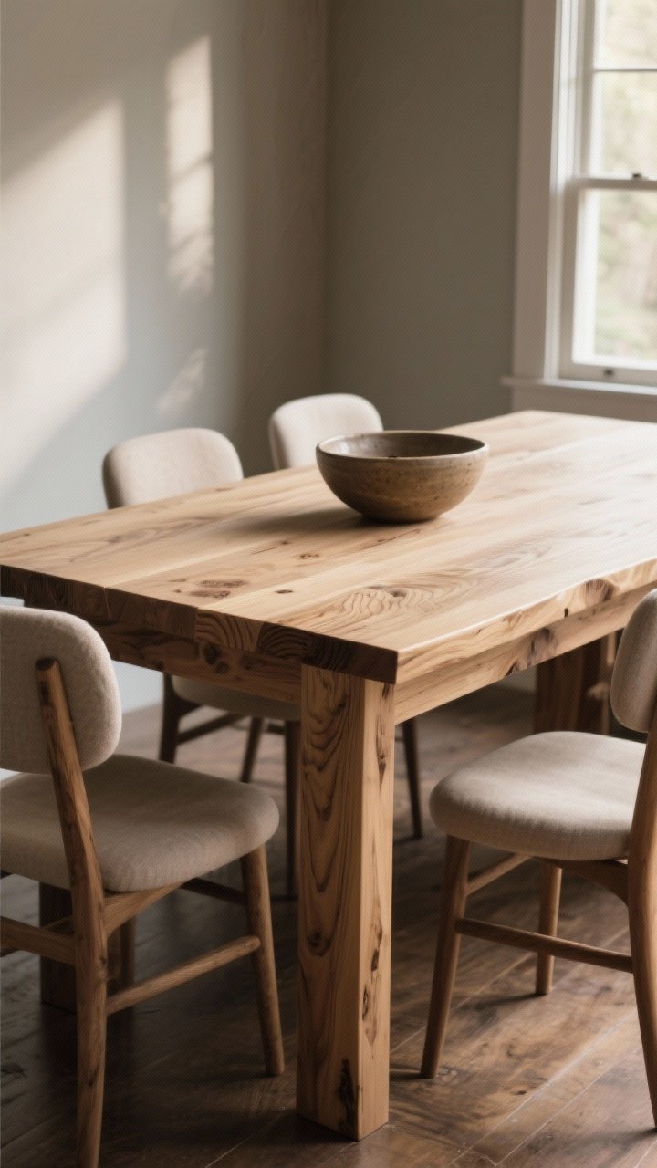 Dramatic medium shot: A farmhouse table with a continuous waterfall edge in richly grained white oak (visible joinery at the miter), clean geometry and minimal decor—just a single ceramic bowl; paired with soft, rounded chairs to offset sharp lines; warm wood tone under soft window light, subtle shadows accenting the cascading grain; three-quarter perspective; photorealistic.