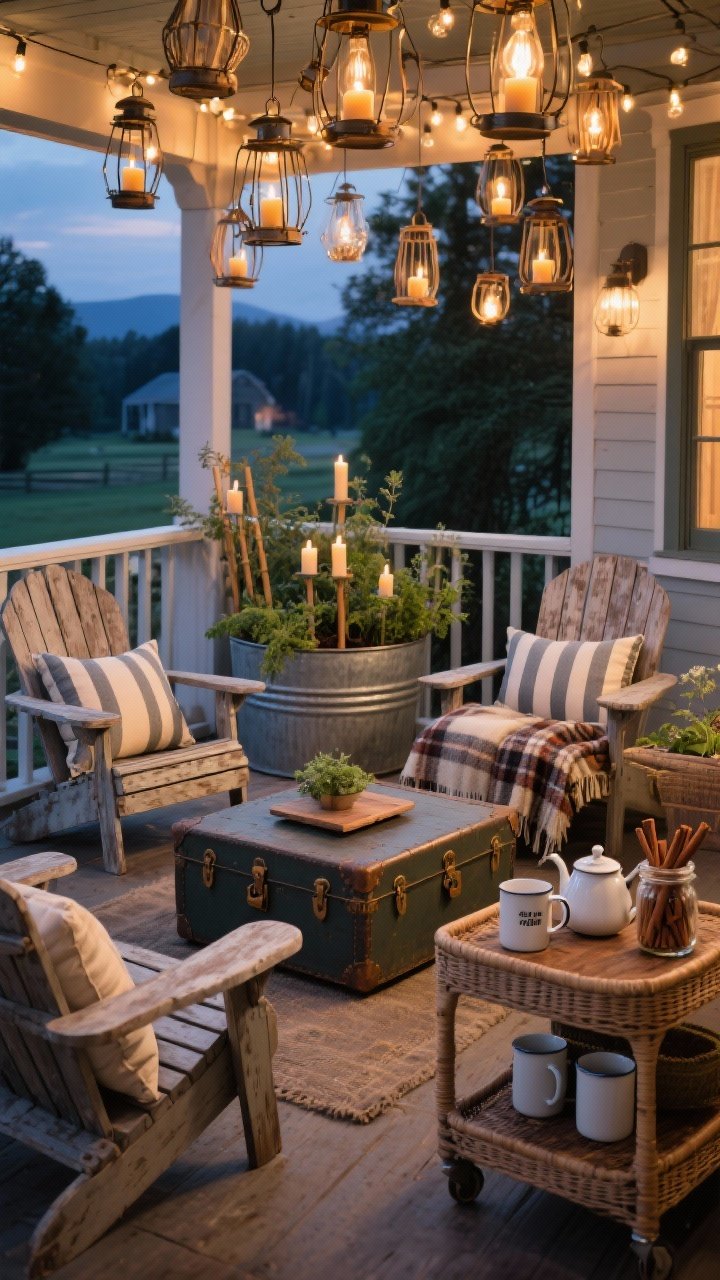 Enchanted porch lounge, wide twilight scene: weathered Adirondack chairs around a vintage trunk coffee table; striped outdoor pillows and a plaid wool blanket; string bulb lights overhead; clusters of metal and bamboo lanterns with warm flameless candles; galvanized tub planted with herbs; thrifted wicker bar cart set with enamel mugs, a tea kettle, and a jar of cinnamon sticks; cozy evening glow, cottage retreat.