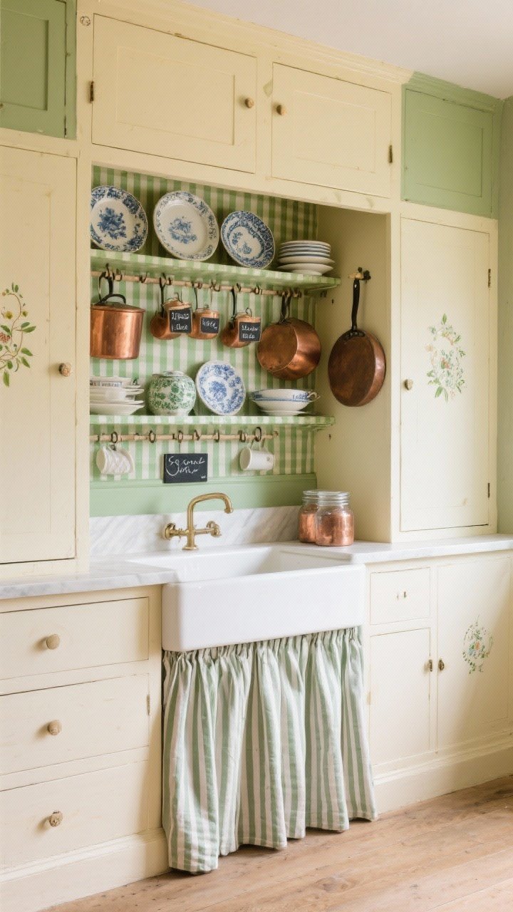 English country pantry-core wall, medium straight-on: open larder with plate rack and peg rail, shelves lined with stripe/gingham shelf paper, muted greens and buttery cream cabinetry with hand-painted details, mix-and-match china and well-loved copper pots, jars labeled with chalkboard tags, a skirted sink base in ticking stripe fabric, gentle daylight for practical charm, photorealistic.