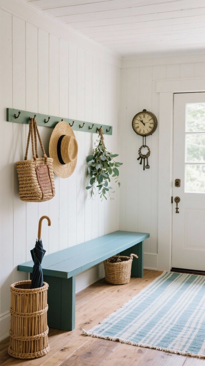 Entryway, straight-on medium-wide: long Shaker-style peg rail with straw hats, woven totes, and a sprig of eucalyptus hanging; painted bench in deep sage or robin’s-egg blue beneath; striped flatweave runner along the floor; cane umbrella stand; vintage wall clock and a ring of antique keys; natural morning light, welcoming farmhouse hug.