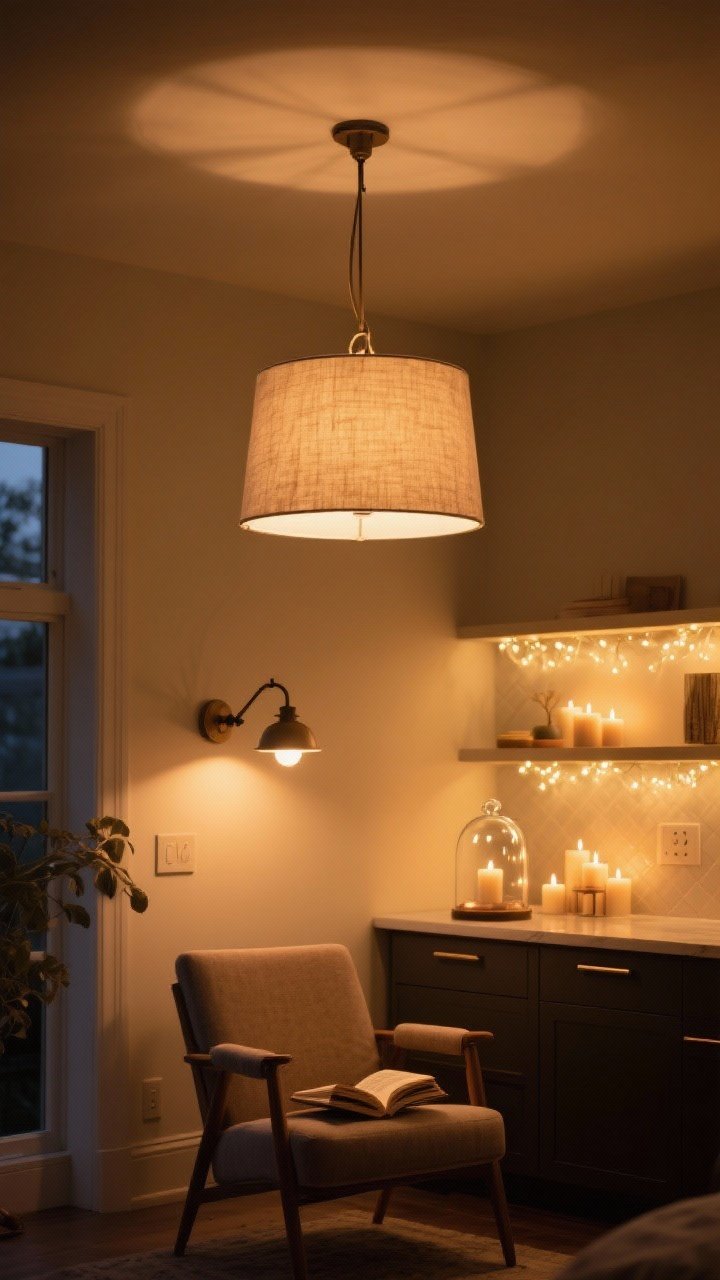 Evening interior, layered lighting medium shot: a central pendant with a fabric shade diffusing ambient light, warm 2700K bulbs throughout; swing-arm sconce highlighting a reading chair, under-cabinet task lighting in the background; accent glow from candles and fairy lights inside a glass cloche on a shelf; dimmer-used golden-hour vibe, cozy and adjustable; photorealistic.
