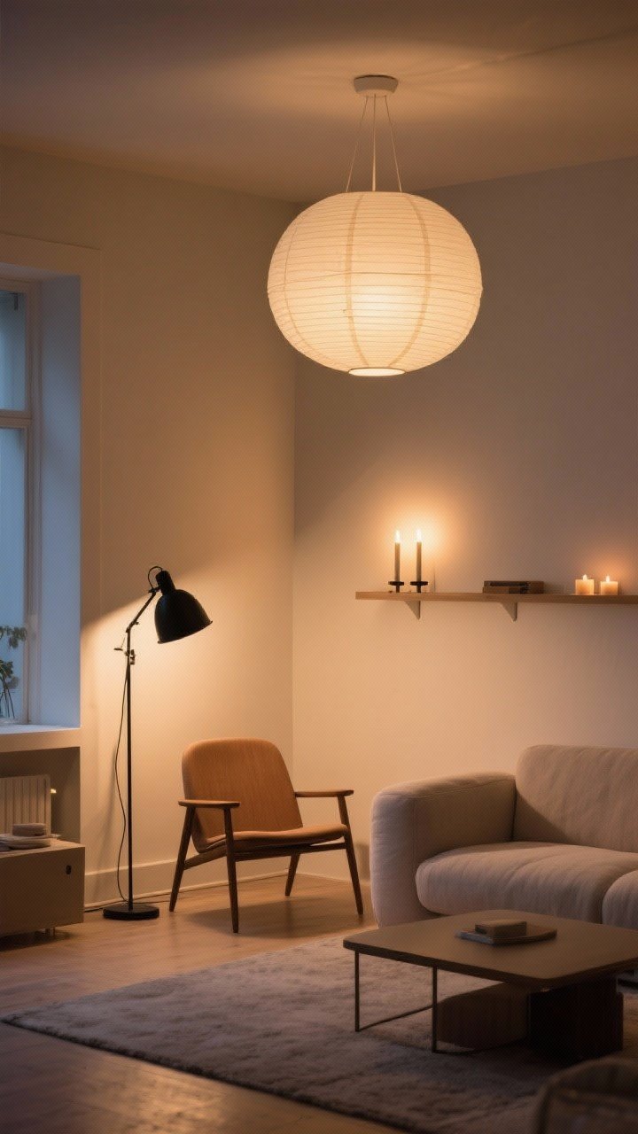 Evening interior, medium shot: A Scandi living area glowing with layered lighting—warm 2700–3000K tones from a large paper lantern ceiling light (ambient), an adjustable matte-black floor lamp beside a chair (task), and a pair of subtle wall sconces with a few candles on a shelf (accent); neutral palette with gentle shadows for a cocoon-like mood.