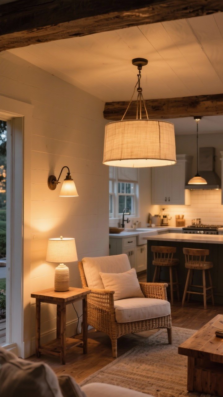 Evening interior, medium-wide: Layered “golden hour” lighting in a farmhouse living room. Overhead linen drum pendant casting soft diffusion, swing-arm wall sconces angled over a reading chair and kitchen counter beyond, and table lamps with warm dimmable LED bulbs (2700K–3000K) glowing on side tables. Wood tones enriched by warm light, rattan and linen textures visible, cozy and calm.