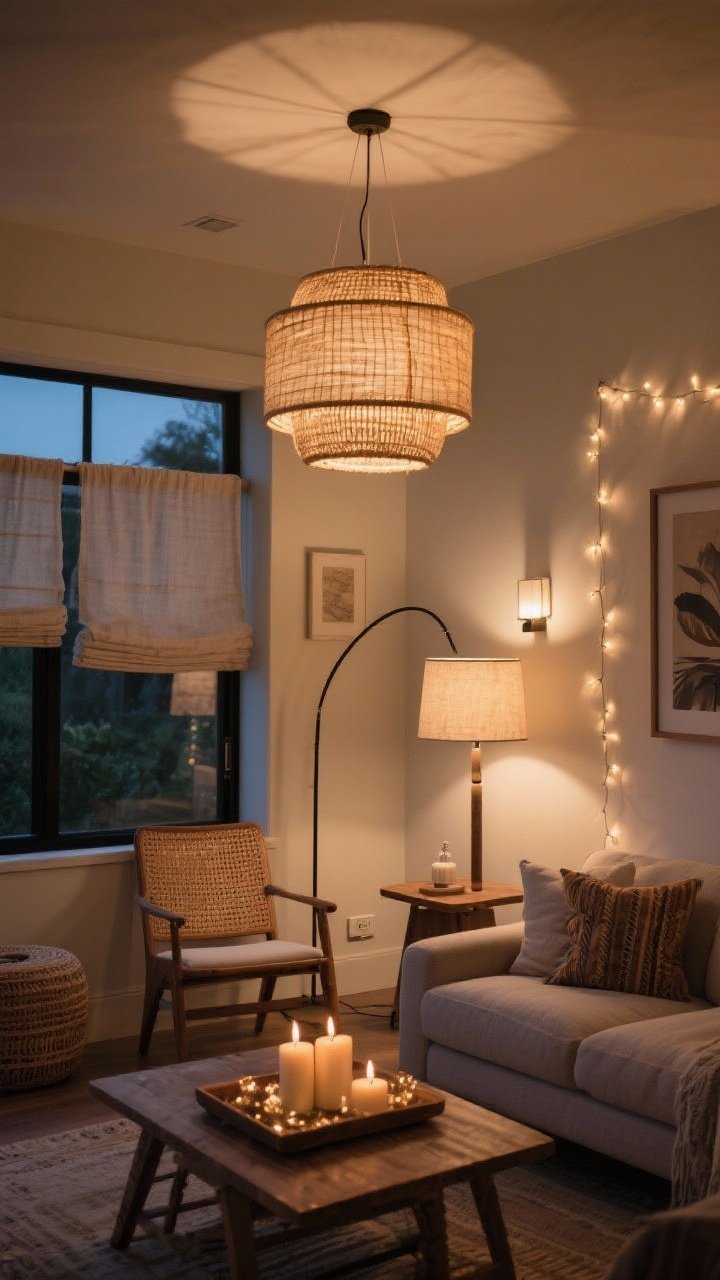 Evening interior wide shot focusing on layered lighting: ambient, task, and accent. A linen drum ceiling light (or woven pendant) casts a warm 2700K–3000K glow; an arc floor lamp provides task light by the sofa; a slim table lamp sits by an accent chair. Accent lighting includes a discreet string of lights in a corner and a small picture light above wall art; a few candles on a tray add sparkle. Shades in linen and rattan for diffused boho glow; visible dimmer set to low for cozy atmosphere; light at multiple heights.
