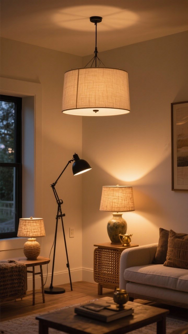 Evening interior, wide shot: Layered warm lighting at 2700K—overhead linen drum pendant, a blackened steel adjustable floor lamp for task lighting, and ceramic table lamps with natural fiber shades for accent; fixtures in aged brass and rattan accents; all on dimmers, glowing cozy atmosphere against neutral walls.