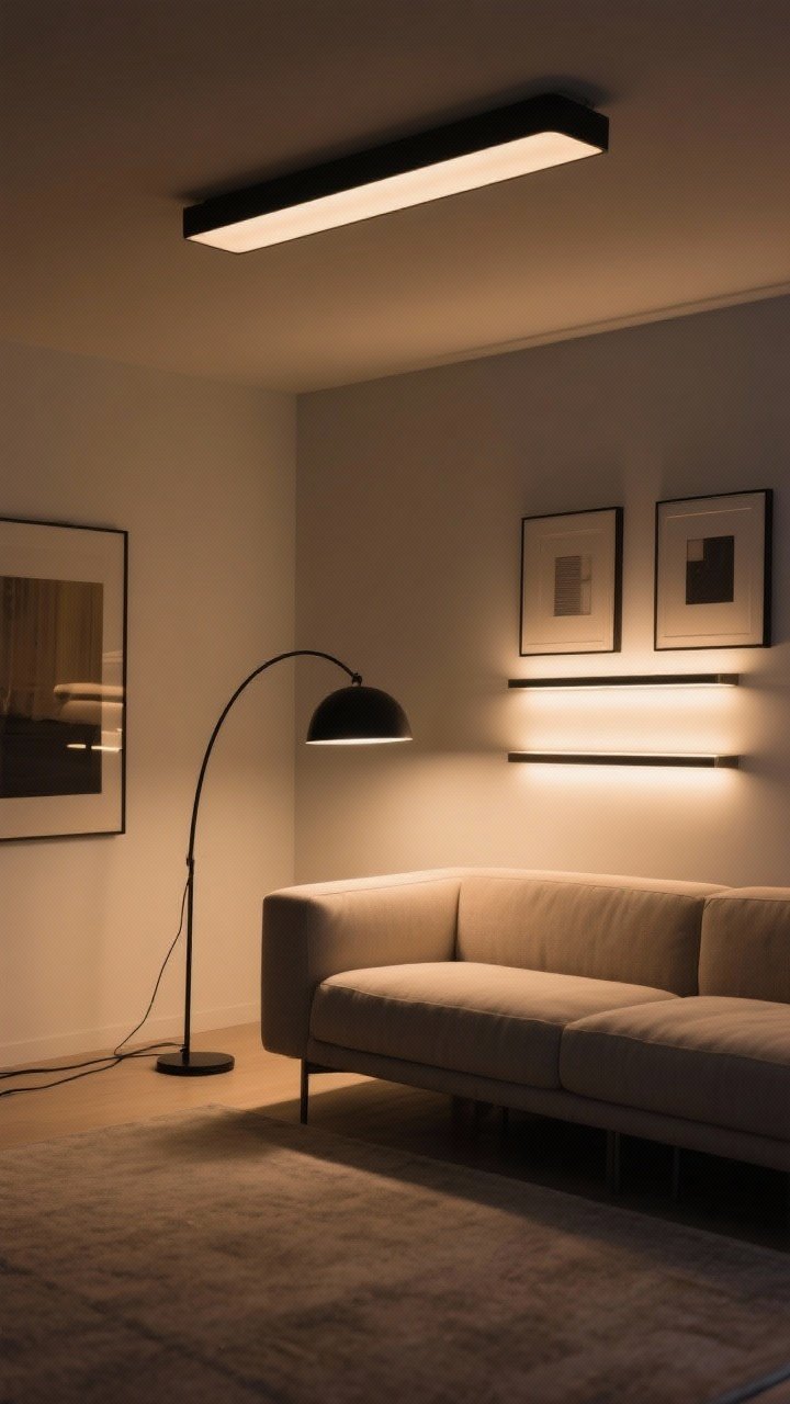 Evening medium shot demonstrating minimalist lighting layers: three-point plan with a slim semi-flush ceiling light, a matte black arc floor lamp by the sofa, and a pair of low-profile picture lights above art; warm dimmable bulbs at 2700–3000K creating a cozy glow; consistent brushed metal or matte black finishes; cables tidy, sleek composition.