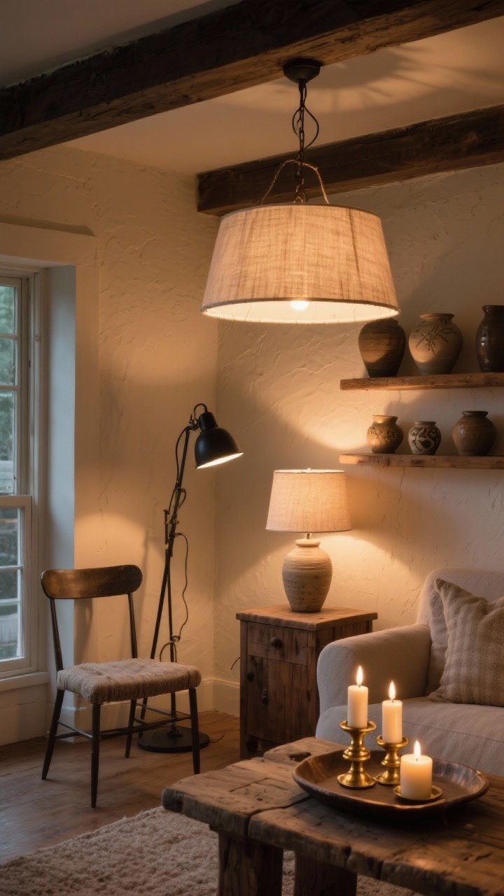 Evening medium shot of layered cozy lighting in a farmhouse living area: warm dimmable bulbs at 2700K-3000K across four layers—an overhead pendant with linen shade, a blackened metal floor lamp for task lighting beside a chair, a small table lamp with a linen shade on a wood side table for ambient light, and a trio of candles on a rustic tray for accent; materials include aged brass finials and wood bases; the glow flatters hand-thrown ceramics on a shelf and softens wall texture.