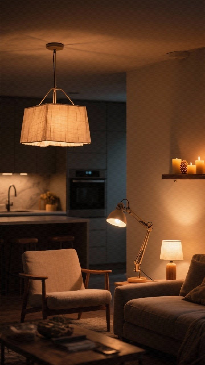 Evening medium shot of layered warm lighting in a living space: ambient light from a shaded pendant (2700K–3000K warm bulb), task lighting from a swing-arm lamp near a chair, and accent lighting from a small lamp on a kitchen counter in the background plus beeswax candles on a shelf; fabric/parchment shades visible to soften glow; overall warm, dimmable ambience, no overhead glare