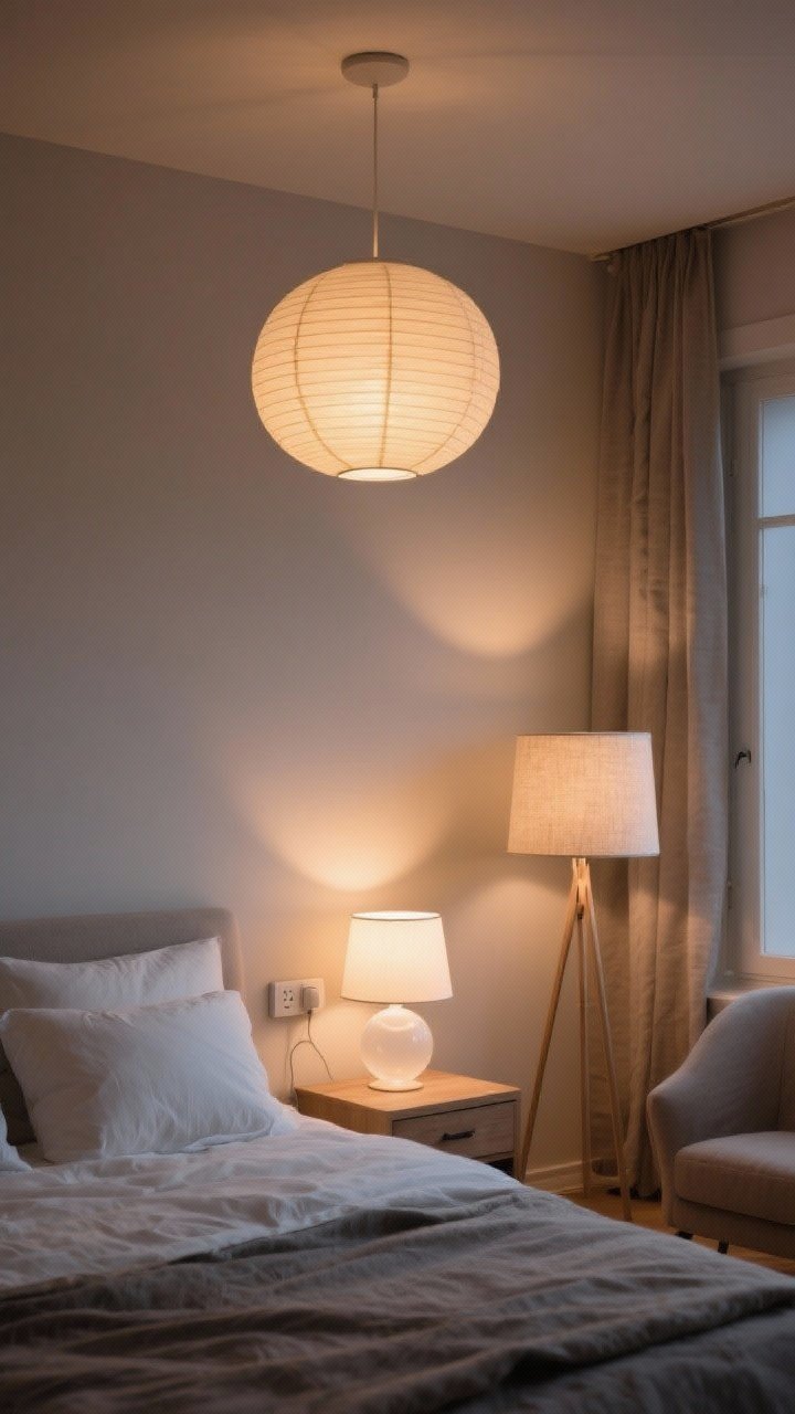 Evening wide shot: Layered, cozy lighting in a Scandinavian bedroom—pair of bedside lamps with opal glass shades casting a diffused glow, plug-in wall sconces freeing nightstand surfaces, and a fabric-shaded floor lamp in the corner; rice paper pendant overhead dimmed warm (2700K–3000K) ambiance; no harsh glare, warm pools of light, photorealistic.