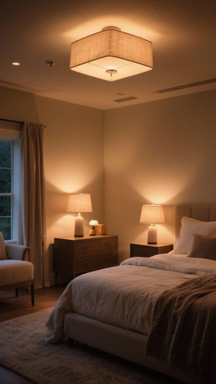 Evening wide shot showcasing cozy lighting layers: overhead fixture on a dimmer set low, warm 2700K bulbs; two bedside lamps with fabric shades for diffused light; a small accent lamp on a dresser to prevent a cave effect; warm, even glow across neutral bedding and walls, photorealistic.