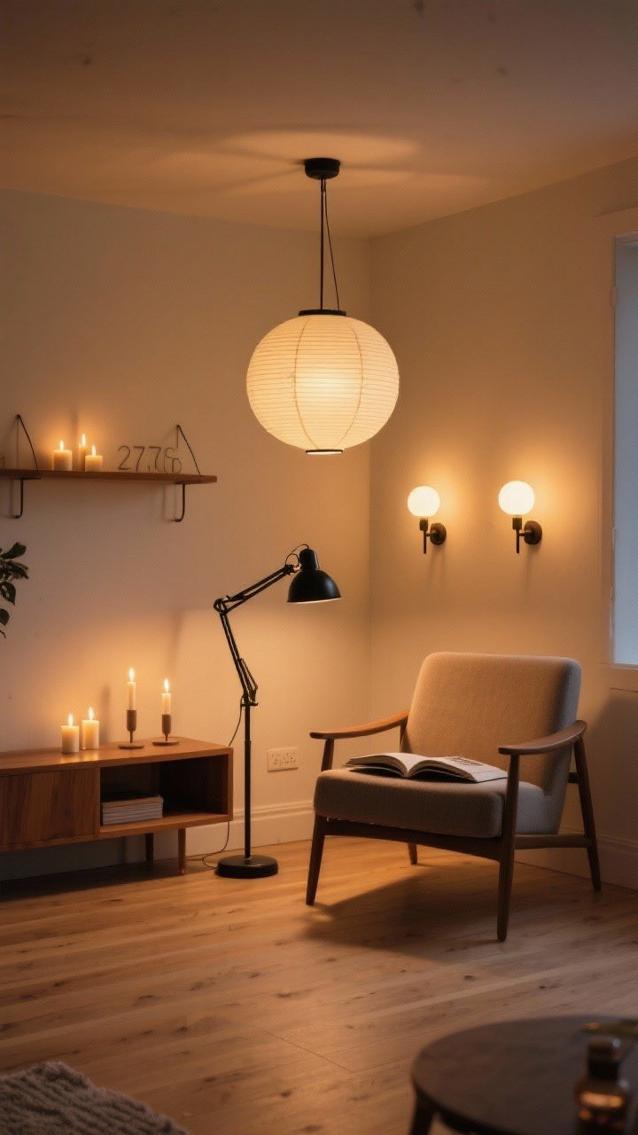 Evening wide shot showcasing layered lighting: a paper lantern pendant casting diffused ambient light, adjustable matte black task lamp beside a reading chair, warm accent from two wall sconces and LED candles on a shelf; bulbs set to 2700K–3000K for a soft golden glow; dimmer-controlled warmth; total of five visible light sources in a balanced arrangement; light oak floors, soft shadows, cozy atmosphere.