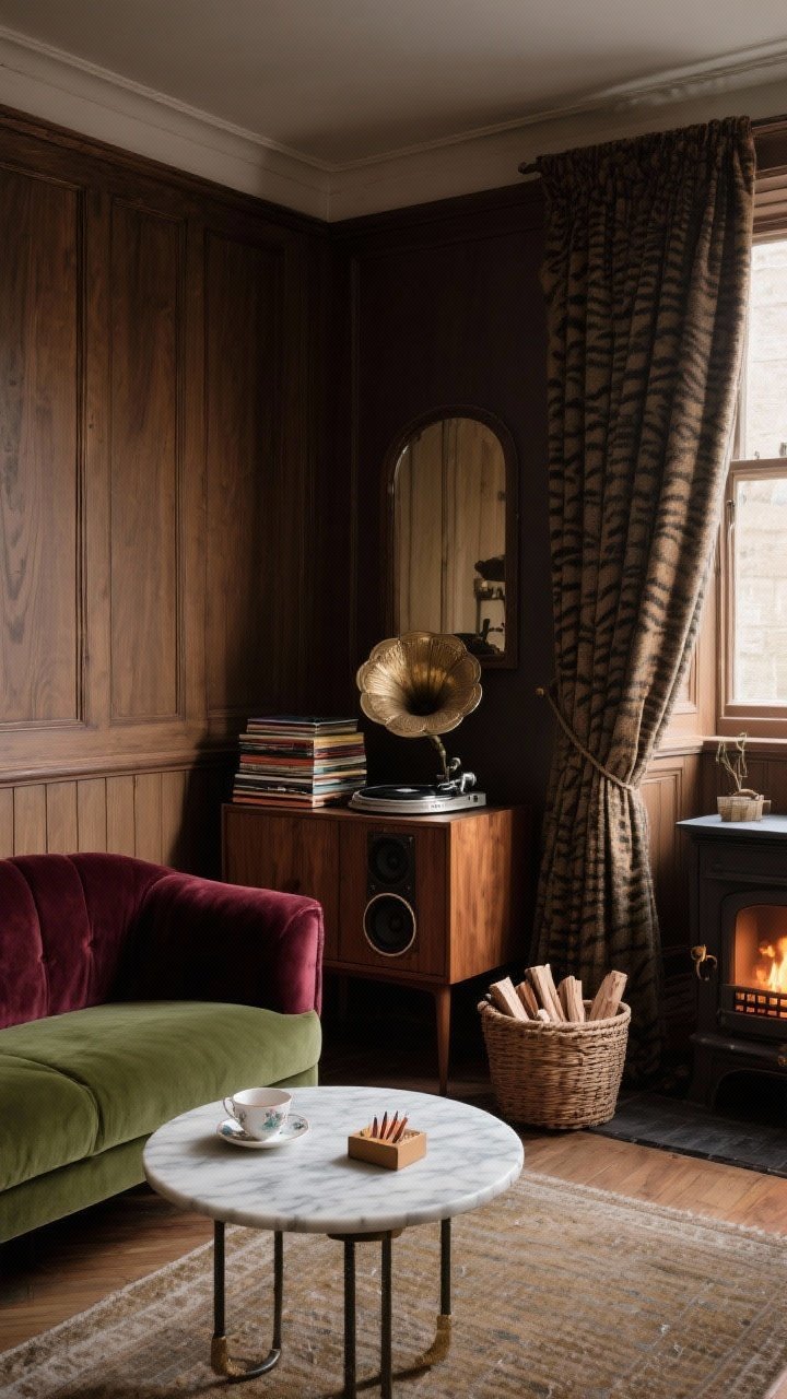 Fireside music room, moody medium-wide: velvet settee in moss or burgundy against a paneled wall; round marble-top side table with a teacup and matchbox; vintage record cabinet with a working turntable, a small stack of jazz records, and a gramophone-style speaker; tiger oak mirror reflecting soft light; heavy wool curtains framing a stove with a basket of wood; warm, musical, slow-living ambiance.