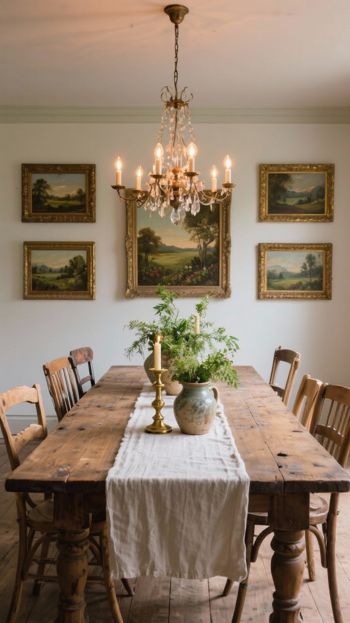 Garden-inspired dining room, wide table scene: long farm table with six mismatched natural-wood chairs; linen runner down the center with antique brass candlesticks and thrifted ceramic pitchers filled with greenery; walls adorned with oil landscapes in gilded frames; vintage chandelier above with soft Edison bulbs; candlelit pastoral drama, evening glow.