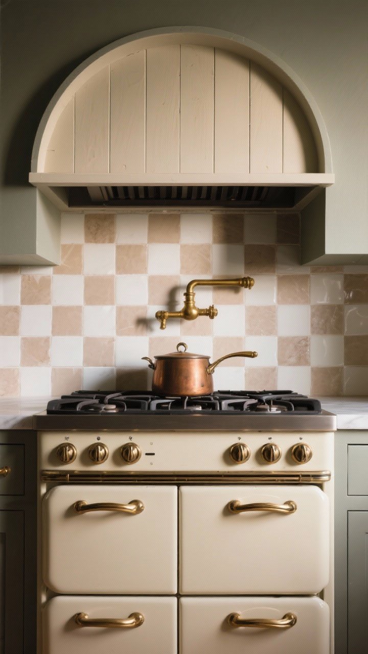Hero shot focused on a retro-style range in creamy enamel with vintage-style knobs and curved edges, framed by a simple arched shiplap range hood; backsplash in a soft checkerboard tile of warm white and muted taupe; a brass pot filler centered above the stove; moody, directional lighting that highlights the enamel sheen and brass details, photographed straight-on to emphasize symmetry and drama.