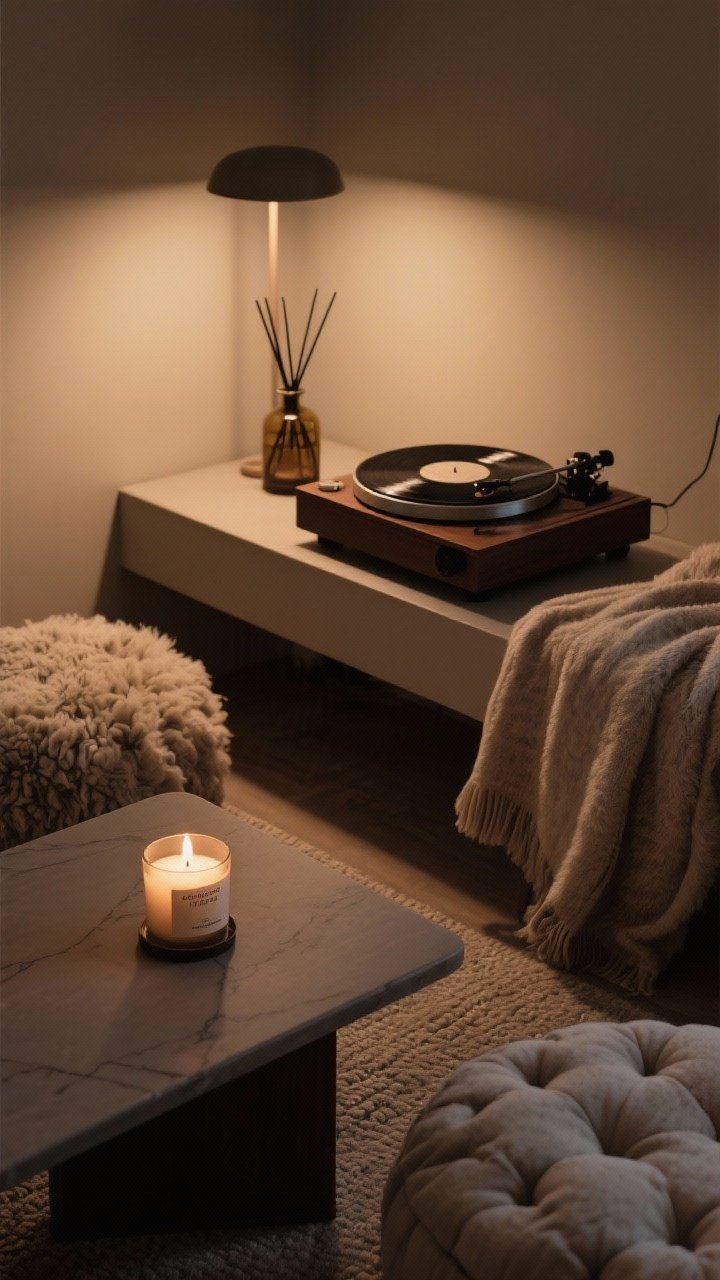 Intimate detail shot of the final sensory layer: a low table with a lit cedar and vetiver candle next to a diffuser, an analog turntable with a record ready, and ultra-tactile textiles nearby—plush sheepskin (faux or ethically sourced) and tufted floor cushions; warm, dim ambient lighting for a serene exhale.