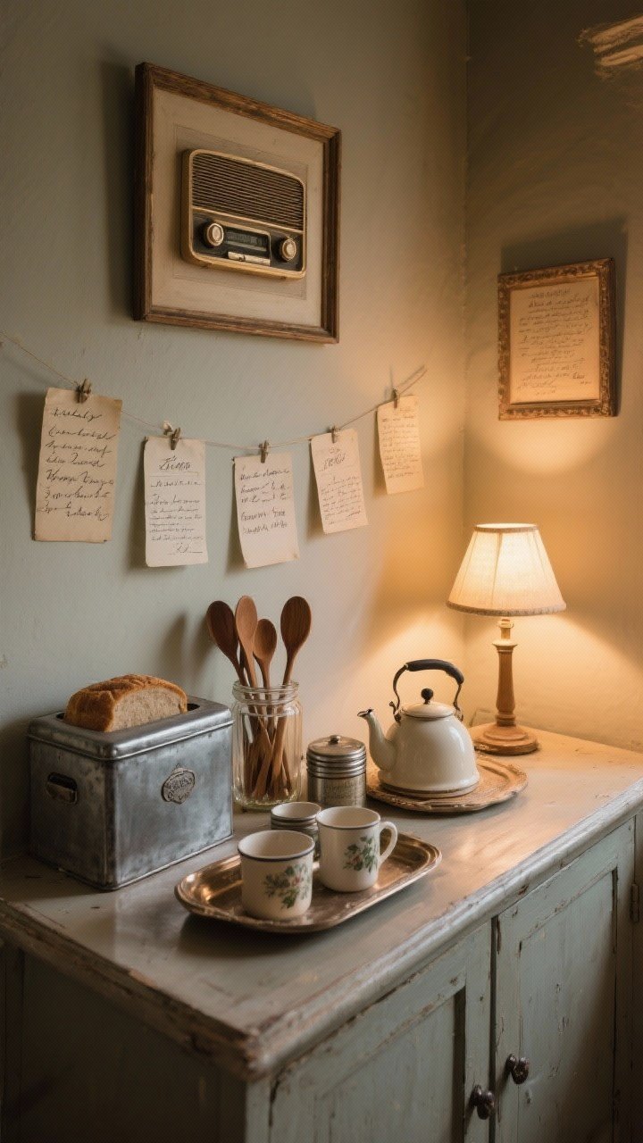 Intimate vignette of an heirloom corner on a sideboard: framed handwritten recipe cards on the wall, a vintage radio, a metal bread box, a glass jar of wooden spoons, and a ready tea tray with a kettle, tins, and mugs; a small lamp casting a soft nighttime glow; warm, nostalgic mood, no people, photorealistic detail.