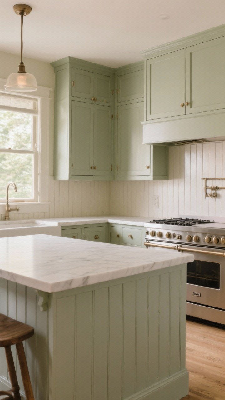 Medium angle of cottage kitchen beadboard applications: vertical beadboard backsplash color-matched to cabinets, beadboard-wrapped island, and wainscoting along the walls; semi-gloss finish near the range for easy wipe-down; vertical lines visually heighten the room; warm, diffused light emphasizes classic texture; photorealistic