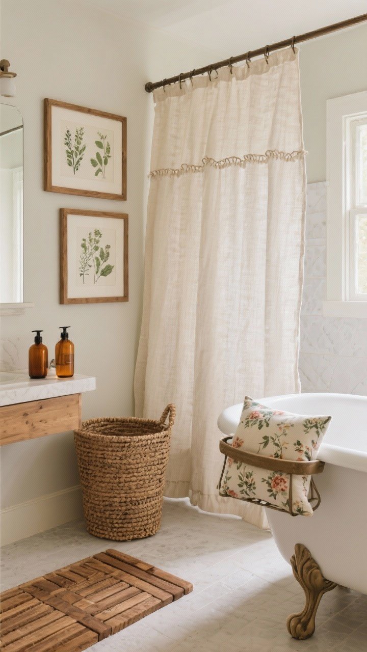 Medium bathroom shot: linen-style shower curtain with subtle ruffle, set of botanical prints in wooden frames, woven hamper, wood/teak slat bath mat, amber glass soap bottles on a small ledge, and a freestanding tub caddy paired with a floral bath pillow giving a faux clawfoot charm; soft, spa-like lighting.