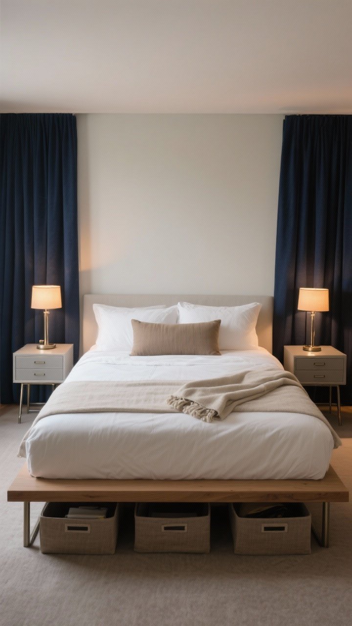 Medium bedroom shot: Calm sleep sanctuary with a simple platform bed featuring under-bed storage bins slightly visible, breathable white cotton sheets and a flax linen duvet, blackout curtains in deep navy for hotel energy. Two small nightstands with drawers hiding clutter, each with a dimmable warm lamp. A long lumbar pillow and a folded throw at the foot for an elevated finish. Mixed metals and wood tones kept balanced by consistent scale. Soft, warm lighting (2700–3000K), straight-on view.